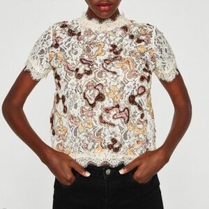 Zara Trafaluca Floral Embroidered White Lace Top Size Small